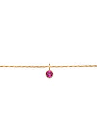 Gul kædedesign med en rund pink ædelsten pendant, glat tekstur og minimalistisk udseende med en lukkemekanisme.