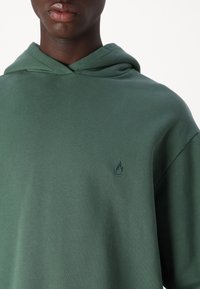 Grønn hettegenser laget av myk stoff, med et lite flammelogo i matchende grønn på brystet, avslappet passform og enkelt design.