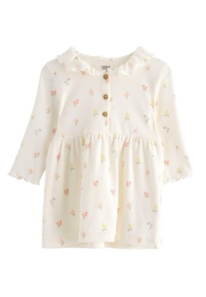 Cremefarvet babykjole med lange ærmer, små blomsterprint i pastelfarver, tre knapper foran samt flæsekant ved hals og ærmekanter.