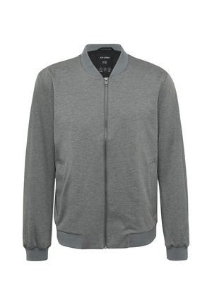 Szara kurtka bomberka wykonana z miękkiego materiału, z zamkiem z przodu, ściągaczami przy mankietach i okrągłym kołnierzem. W zestawie znajdują się dwie boczne kieszenie.