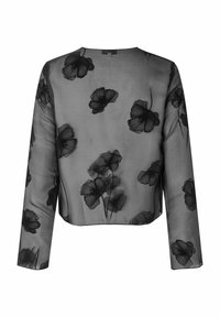 Top negru transparent cu mâneci lungi, având un design floral din plasă întunecată. Guler rotund și hem scurt. Textura subtilă contrastează cu modelul.