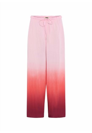Leichte, weite Hosen mit einem Kordelzugbund, die einen Farbverlauf von zartem Rosa zu tiefem Rot aufweisen. Glattes Material mit einem dezenten Glanz.