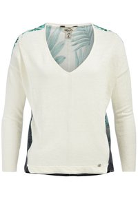 Maglione a V in bianco con maniche lunghe. Presenta un motivo floreale sulle spalle e sulla schiena. Texture morbida, materiale leggero, vestibilità comoda.
