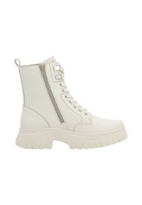 White ankle boots with a chunky sole, featuring laces and a side zipper. Made of smooth material with contrasting stitching details.