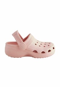 Zueco ligero en color rosa con grandes orificios de ventilación, una correa trasera, una plantilla texturizada y un acabado suave y mate.