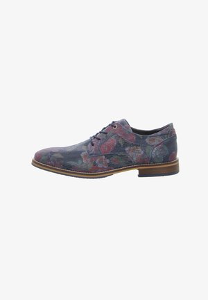 Men's lace-up dress shoe with a low heel, featuring a textured dark floral pattern and a brown sole.