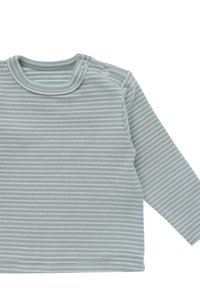 Helles graues Langarmshirt aus weichem Stoff mit dünnen weißen horizontalen Streifen, mit einem runden Ausschnitt und Druckknopfverschlüssen.