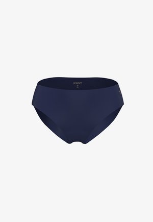 Slip da donna senza cuciture di colore blu navy a vita media, con un piccolo logo argentato sul lato e il nome del marchio all'interno della fascia in vita.