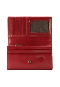 Portafoglio in pelle rossa con finitura testurizzata, dotato di scomparti per carte, una finestra per ID trasparente, un compartimento con zip e chiusura a pressione.