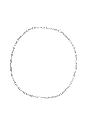 Collana con catena d'argento a maglie ovali allungate e chiusura regolabile su sfondo bianco.