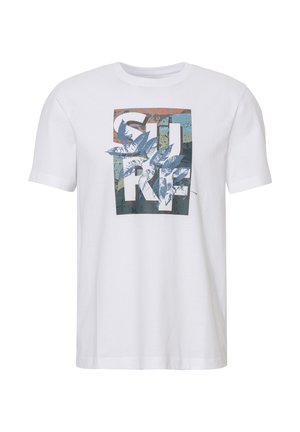 White cotton t-shirt with a round neck, featuring a multicolored graphic design emphasizing "SURF" and stylized leaves.