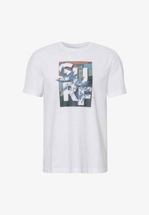 White cotton t-shirt with a round neck, featuring a multicolored graphic design emphasizing "SURF" and stylized leaves.