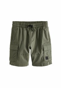 Pantaloni cargo verde oliva con cintura elastica e cordino regolabile, dotati di molteplici tasche laterali e un tessuto testurizzato.