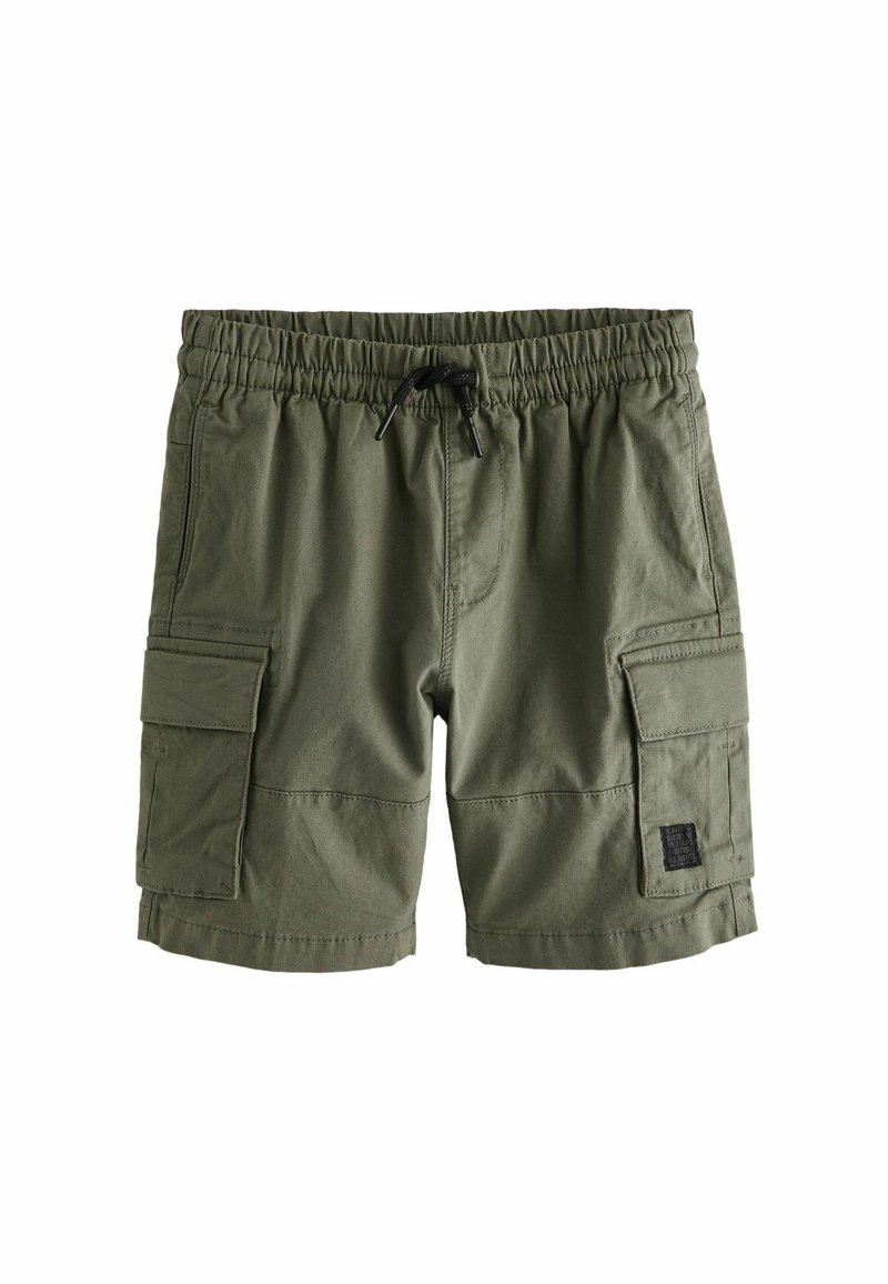 Pantaloni cargo verde oliva con cintura elastica e cordino regolabile, dotati di molteplici tasche laterali e un tessuto testurizzato.