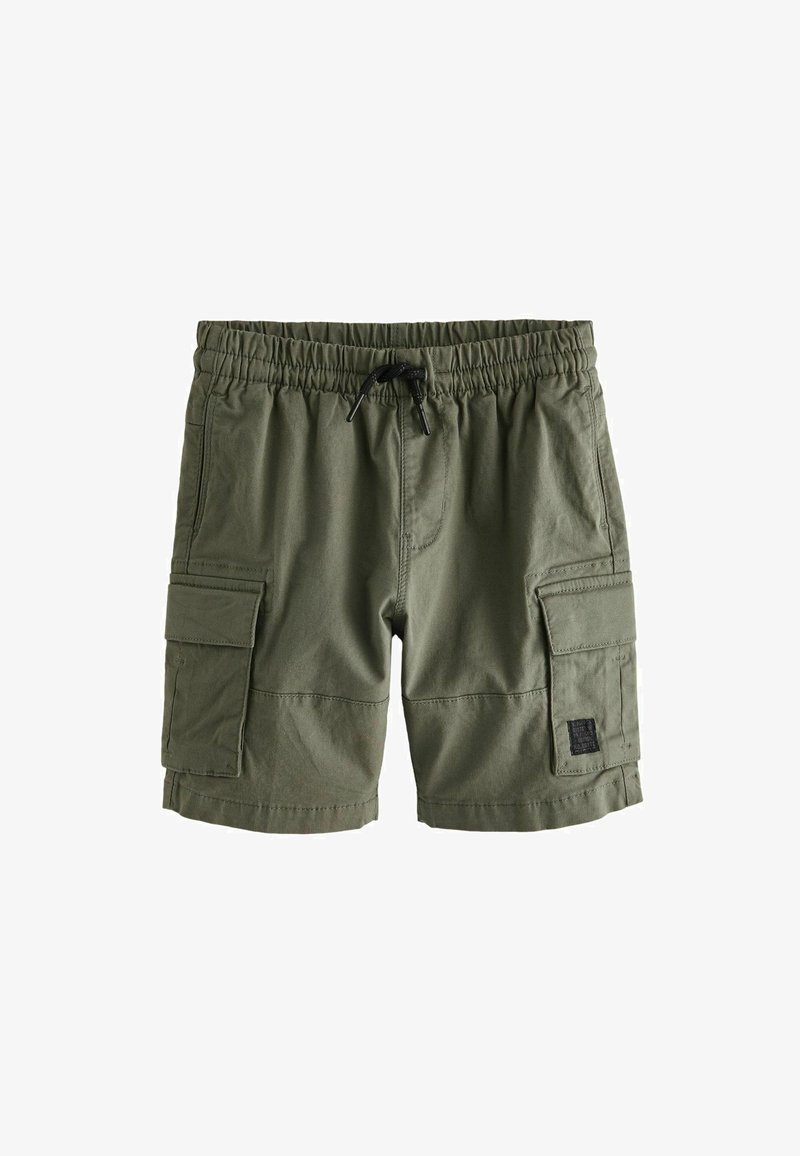 Olivenfarvede cargo shorts med elastisk talje og justerbar snor, med flere sidelommer og en tekstureret stof.