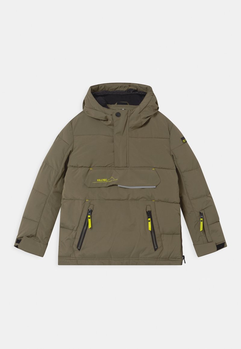 Doudoune vert olive avec capuche, dotée d'une poche frontale, de détails de fermeture éclair jaunes et d'un logo. Texture lisse, conception isolante.