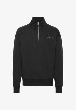 Pulover negru cu guler tip zipper, logo brodat "A.R.C." în alb și mansete și tiv ribbate. Textura materialului moale.
