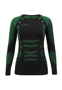 Langärmliges Thermoshirt aus Stretchstoff. Hauptsächlich schwarz mit grünen Akzenten und strukturierten Mustern an Ärmeln und Brust.