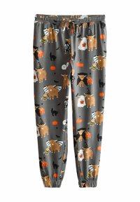 Pantalons de pyjama en tissu gris avec un motif fantaisiste d'animaux, de citrouilles et de thèmes d'Halloween. Taille élastique avec cordon de serrage.