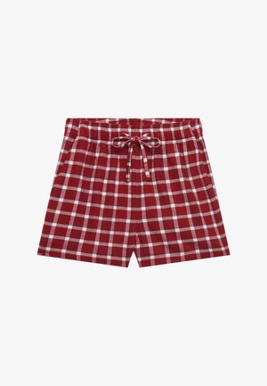 Red plaid shorts with a white check pattern. Made of soft fabric, featuring an elastic waistband with a drawstring for adjustability.