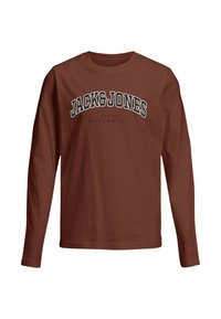 T-shirt à manches longues marron en coton, arborant un texte blanc en relief "JACK&JONES" avec un design incurvé. Style col rond classique.