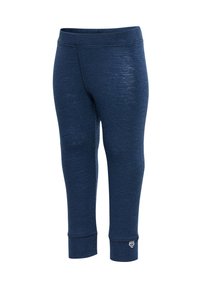 Granatowe legginsy wykonane z miękkiego, elastycznego materiału o zwężającym się kroju, z dopasowanym pasem w talii i przylegającymi mankietami przy kostkach.