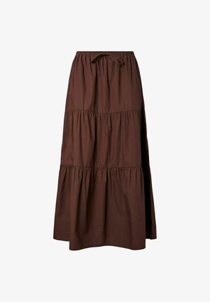 Barna, réteges maxi szoknya rugalmas derékpánttal és húzózsinórral, könnyű anyagból.
