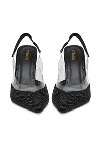 Cizme slingback negre și transparente cu vârf ascuțit, țesătură texturată și panouri laterale transparente decorate cu strasuri.