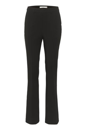 Sorte skreddersydde bukser med smal passform, utsvingt hem, flat front og ingen synlige lommer. Laget av glatt stoff med minimale sømmer.