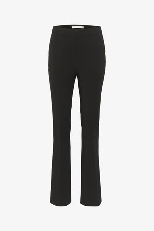 Calças pretas ajustadas com um corte slim, bainha larga, frente lisa e sem bolsos visíveis. Feitas de um tecido suave com costuras mínimas.