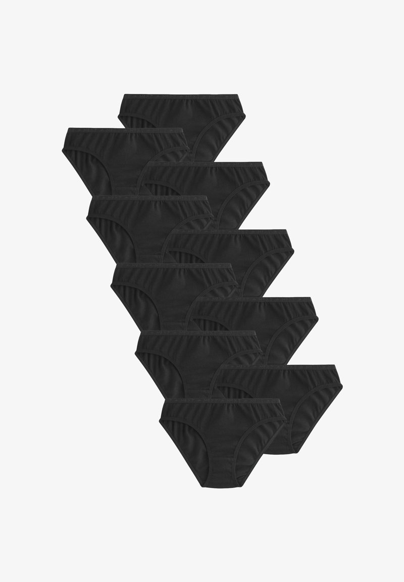 Dix slips en coton noir disposés en rangées superposées, présentés sur un fond blanc.