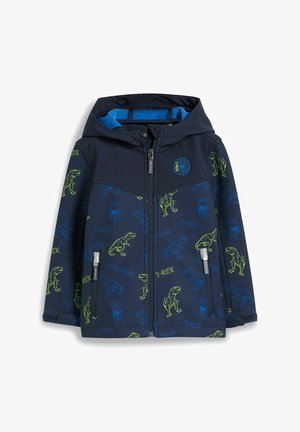 Veste à capuche pour enfants bleu marine avec des imprimés de T-Rex verts et bleus, et des poches avant zippées.