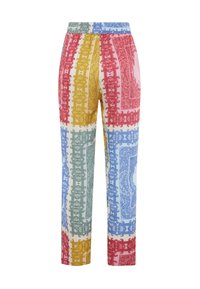 Pantalones estampados coloridos con un corte ajustado, que presentan paneles alternos de rojo, amarillo, verde, azul y crema con diseños intrincados.