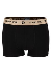 Boxer da uomo neri realizzati in un mix di cotone, con una cintura elastica beige sulla quale è stampato in nero il logo "STARK SOUL". Etichetta di taglia L attaccata.