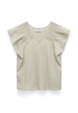 Hellbeige Kurzarmbluse mit V-Ausschnitt und plissierten Stoffdetails an den Schultern, lockere Passform, aus strukturiertem Material.