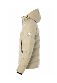 Giubbotto imbottito beige con cappuccio, dotato di zip frontale e tasca laterale. Il tessuto ha una texture trapuntata ed è liscio.