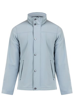 Világoskék, vízálló dzseki álló gallérral, elülső gombokkal és két oldalsó zsebbel. Sima textúra, struktúrált dizájn.