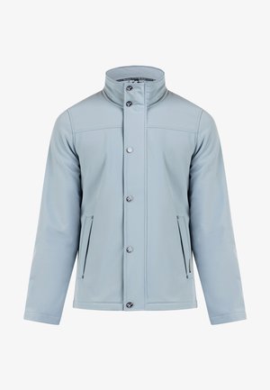 Šviesiai mėlynas, vandeniui atsparus švarkas su stovinčiu apykakle, priekiniais mygtukais ir dviem šoniniais kišenėmis. Lygi tekstūra, struktūrizuotas dizainas.