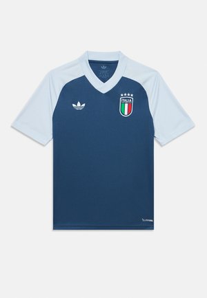 Maglia da calcio dell'Italia blu e azzurro chiaro con scollo a V, logo Adidas, stemma Italia con quattro stelle e testo "Climacool" in basso a destra.