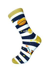 Calzino a righe navy e bianche con bordo e punta gialla, decorato con un razzo, stelle, pianeti e una cometa in un design a tema spaziale.