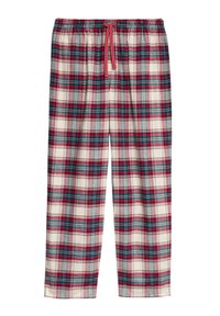 Pantalones de pijama a cuadros en crema, rojo, verde y azul. Cuenta con una cinturilla elástica con un cordón rojo y una textura de tela suave.
