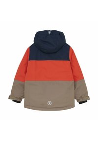 Farbenblockierte Jacke mit Kapuze, in Navy, Orange und Beige. Aus glattem Stoff mit elastischen Bündchen und Logodetail auf der Rückseite.