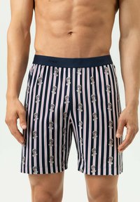 Marineblauwe boxers met verticale strepen en een patroon van kleine bustefiguren. Gemaakt van zachte stof met een rekbare tailleband met merkopdruk.