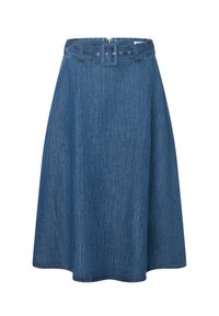 Blauer A-linienförmiger Denim-Rock mit einem breiten Gürtel, der eine quadratische Schnalle und silberne Ösen aufweist, mittellang mit einem genähten Saum.
