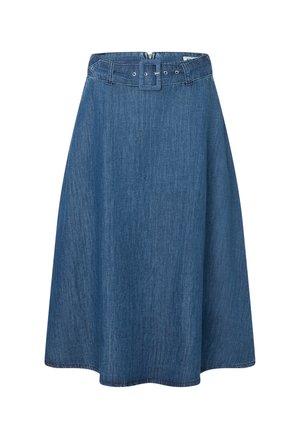Blauer A-linienförmiger Denim-Rock mit einem breiten Gürtel, der eine quadratische Schnalle und silberne Ösen aufweist, mittellang mit einem genähten Saum.