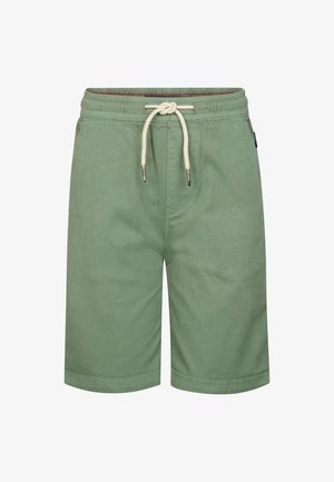 Biała bawełniana koszulka z czarno-żółtym nadrukiem; połączona z zielonymi bawełnianymi szortami, białymi trampkami i białymi skarpetkami.