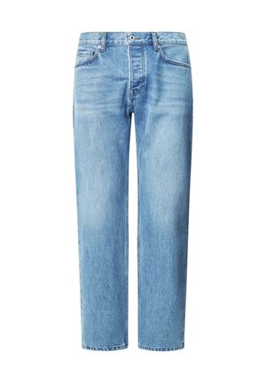 Jean en denim bleu clair avec une coupe droite, cinq poches et une fermeture classique à bouton et à fermeture éclair. Texture légèrement décolorée sur l'ensemble.