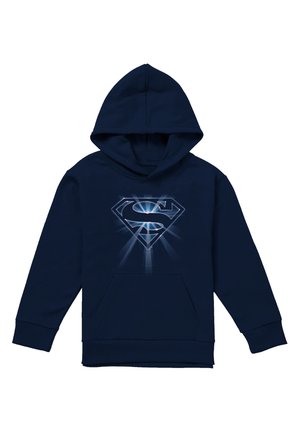 Navy blue hoodie with front pocket featuring a glowing silver Superman logo in the center and a hood attached.