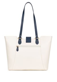 Tote tas in crème faux leer met marineblauwe handvatten. Bevat een voorvak met rits en een bovenste sluiting met haak. Accenten in goudkleurig metaal.