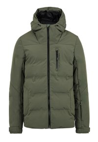 Chaqueta acolchada verde con cremallera frontal, capucha ajustable y bolsillos laterales. Presenta una textura suave y un ligero brillo en la tela.